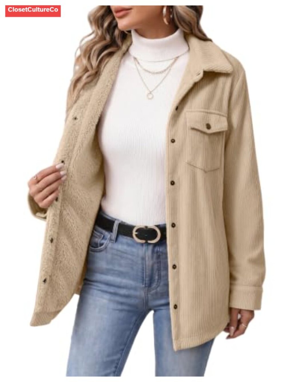 Corduroy Fleece Lined Shacket Snap Front Casual Fall Coat